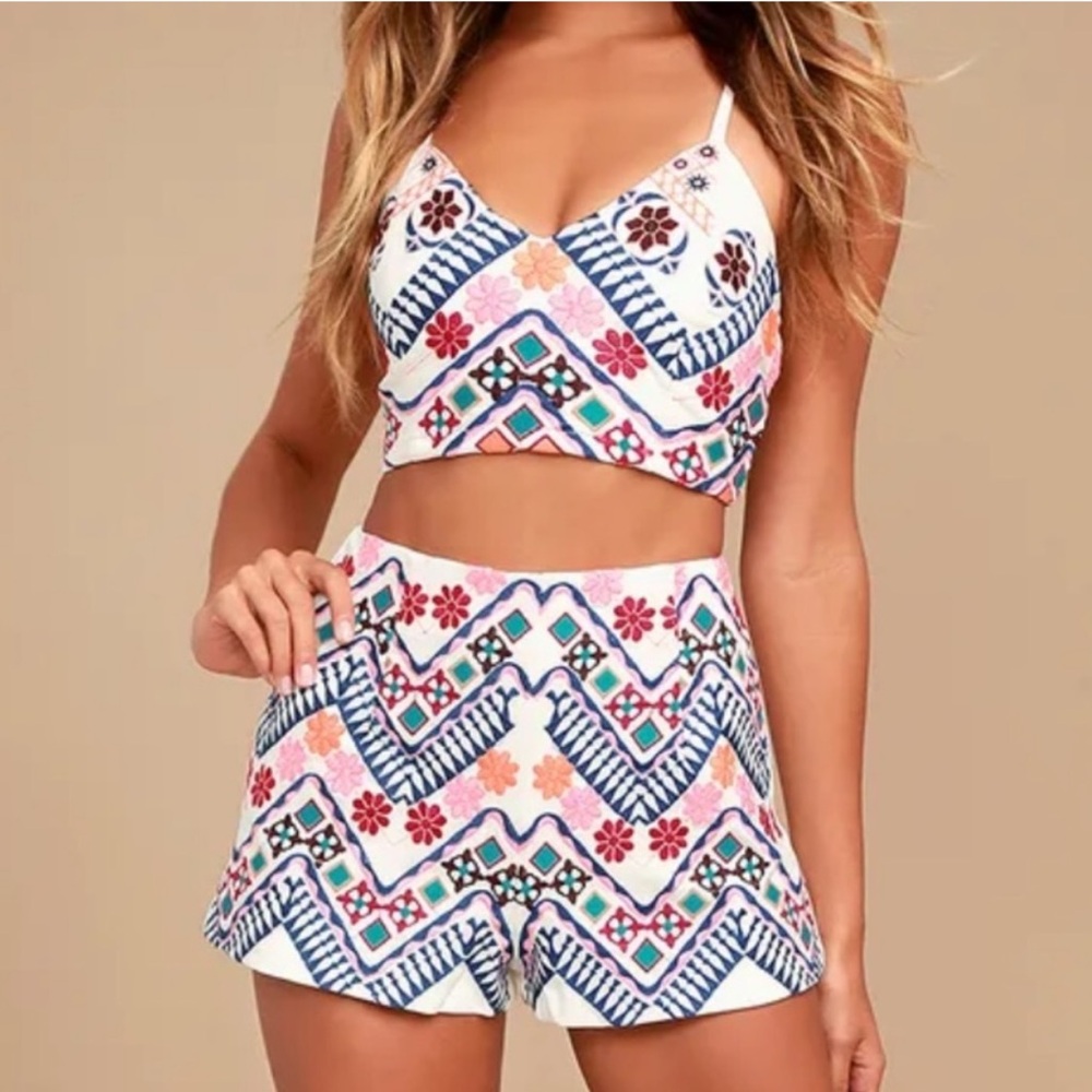 Lulu’s Rhythm is Gonna Get You Embroidered White Crop Top and Shorts Set